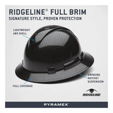 The Pyramex Safety Hydro Dipped Ridgeline Full Brim Hard Hat (12/Case) features a lightweight ABS shell, full coverage, ANSI Z89.1-2014 certification, swinging ratchet suspension, and glossy black finish with Pyramex and Ridgeline logos.
