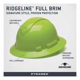 The Pyramex Safety Ridgeline Full Brim Hard Hat (12/Box) features a bright green, lightweight ABS shell, full coverage, and swinging ratchet suspension. Ridgeline and Pyramex branding appear on the packaging.