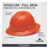 The Pyramex Safety Ridgeline Full Brim Hard Hat (12/Box) features a lightweight ABS shell, full brim coverage, and a ratchet suspension for comfort and protection in signature orange style.