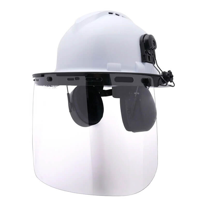 The Pyramex Safety CMFB6010 Hard Hat Mounted Earmuffs provide head, face, and hearing protection with a clear face shield—ideal for industrial or construction use.
