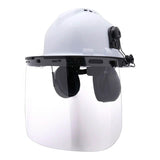 The Pyramex Safety CMFB6010 Hard Hat Mounted Earmuffs provide head, face, and hearing protection with a clear face shield—ideal for industrial or construction use.