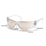 Pyramex Intruder Anti-fog Safety Glasses S41_0ST by Pyramex Safety feature scratch-resistant polycarbonate lenses, an integrated nose piece, and UV/impact protection. Blue dots and lines highlight features on the clear frame and lens.