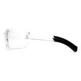 The Pyramex Ztek Reader Safety Glasses S25_0R by Pyramex Safety feature scratch-resistant, transparent lenses, a thick clear frame, and clear/black temples with UV protection. Shown from a left-side profile on a white background. 6 per box.