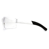 Pyramex Ztek Safety Glasses S2510S by Pyramex Safety feature clear lenses and transparent frames with a black curved temple arm, shown in side view against a white background. ANSI Z87.1 compliant for dependable eye protection. Box contains 12 pairs.