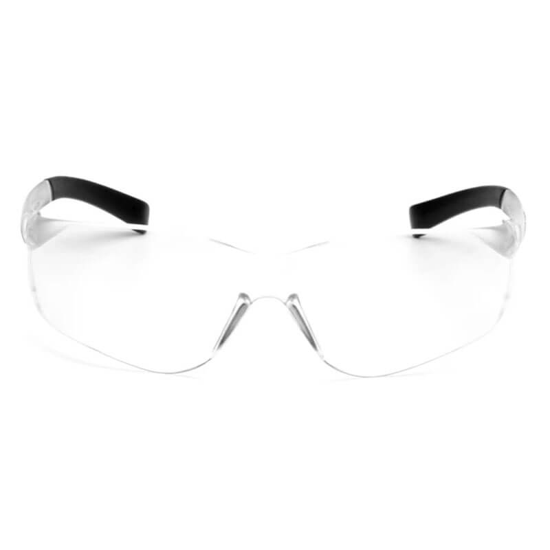Pyramex Safety Ztek Safety Glasses S2510S (12/box) with clear lenses and black arms feature a wraparound design, shown on a white background. They meet ANSI Z87.1 standards for reliable eye protection.