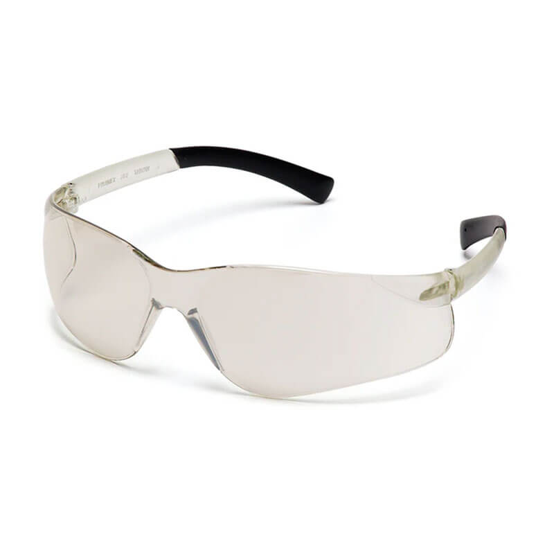 Introducing the Pyramex Ztek Safety Glasses S2510S, a box of 12 pairs showcasing protective features such as UV protection and black rubber tips at the ends of the arms, displayed from a slightly angled perspective.