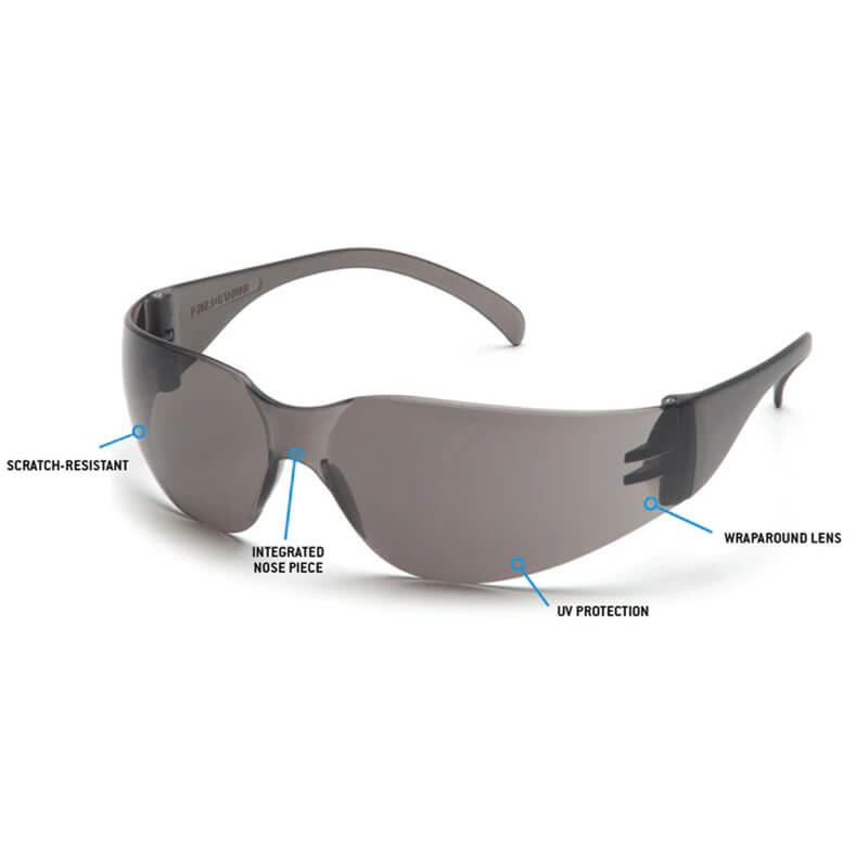 Pyramex Safety’s Intruder Anti-fog Safety Glasses S41_0ST (12/box) have gray wraparound polycarbonate lenses, integrated nose piece, and provide scratch resistance, impact protection, UV protection. Shown on white background.