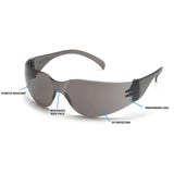 Pyramex Safety’s Intruder Anti-fog Safety Glasses S41_0ST (12/box) have gray wraparound polycarbonate lenses, integrated nose piece, and provide scratch resistance, impact protection, UV protection. Shown on white background.