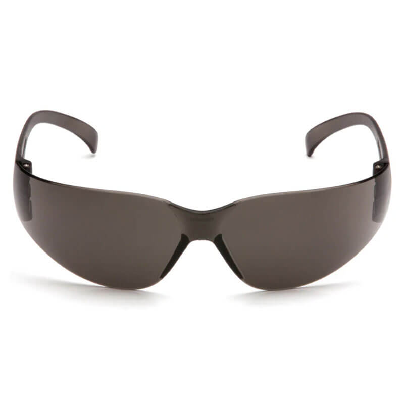 A front view of the Pyramex Intruder Anti-fog Safety Glasses S41_0ST, showcasing sleek black wraparound frames with scratch-resistant lenses and curved temples, set against a white background.