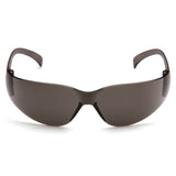 A front view of the Pyramex Intruder Anti-fog Safety Glasses S41_0ST, showcasing sleek black wraparound frames with scratch-resistant lenses and curved temples, set against a white background.