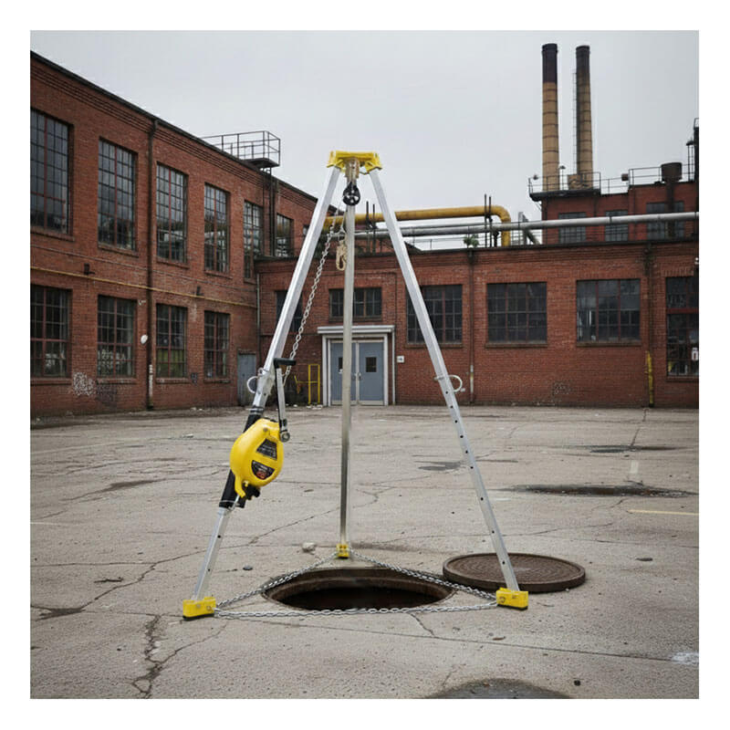 The French Creek Production 7' Tripod Rescue System S50G-7 stands over an open manhole in an empty industrial courtyard, yellow and silver against a backdrop of brick buildings and smokestacks.