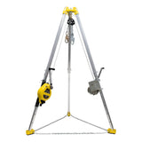 Introducing the French Creek 7' Tripod and 50' 3-Way Rescue Unit and Winch S50G-M7 by French Creek Production. This yellow and silver aluminum tripod rescue system is equipped with a manual winch and pulley mechanism. Expertly crafted for durability, it features a chain connecting the tripod legs at the base, offering unmatched stability for lifting or lowering operations in confined spaces. An essential addition to any rescue unit's toolkit, it is designed to excel in challenging rescue scenarios.