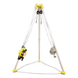 The French Creek Production 9' Tripod 3-Way Rescue Unit and Winch S50G-M9 is a metal rescue tripod with yellow base, winch, and pulley system, OSHA compliant for confined space entry or rescue operations.