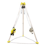 The French Creek Production 9' Tripod 3-Way Rescue Unit and Winch S50G-M9 is a metal rescue tripod with yellow base, winch, and pulley system, OSHA compliant for confined space entry or rescue operations.