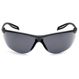 The Pyramex Neshoba H2Max Anti-Fog Safety Glasses by Pyramex Safety feature a sporty black wraparound design with dark polycarbonate lenses, UVA/UVB protection, and curved arms for a secure fit. Displayed on a white background.