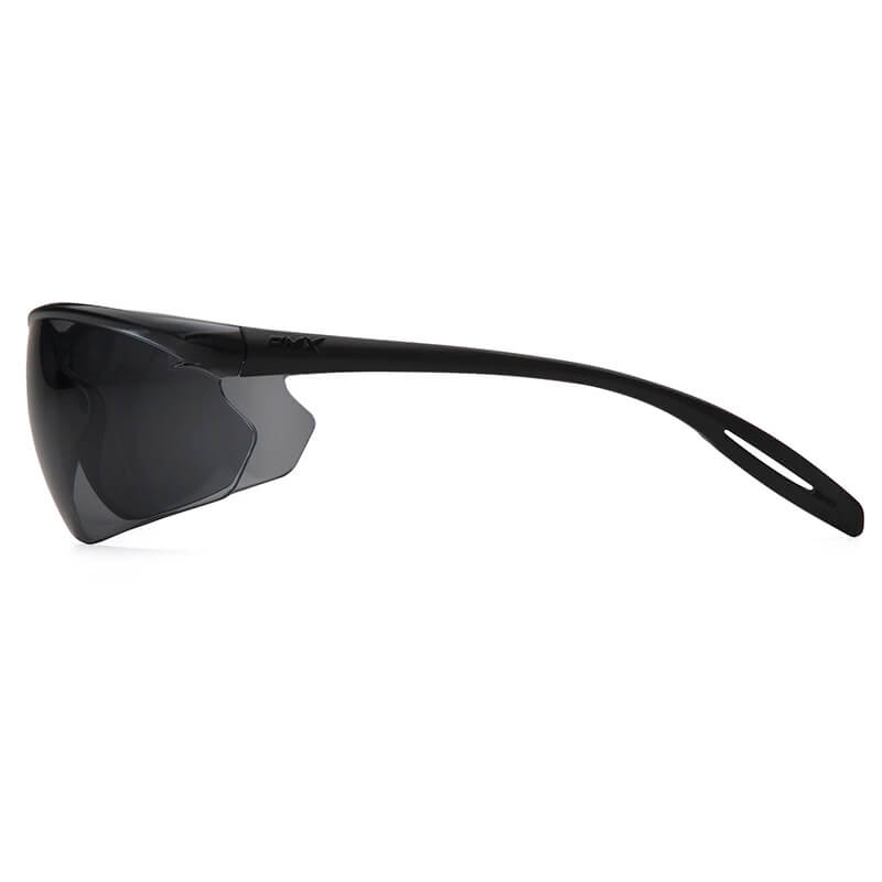 Side view of Pyramex Neshoba H2Max Anti-Fog Safety Glasses by Pyramex Safety, featuring a lightweight black wraparound design, single dark polycarbonate lens, and sleek curved arms with small cutouts near the ends.