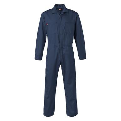 The Saf-Tech Nomex 4.5 oz FR Navy Contractor Coverall CJS1525 features a zipper front and multiple pockets. Designed by Saf-Tech, it offers an elastic waistband for a snug fit and is displayed against a white background. Perfect as flame-resistant coveralls for added protection on the job.