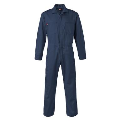 The Saf-Tech Nomex 4.5 oz FR Navy Contractor Coverall CJS1525 features long sleeves, button closure, and several pockets. Made from flame-resistant Nomex IIIA fabric, this coverall is showcased against a white background.