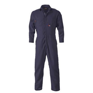 The Saf-Tech Indura 9 oz FR Navy Contractor Coverall CJS1625, from the renowned brand Saf-Tech, is a dark blue flame-resistant coverall designed with long sleeves and a front zipper. It features a practical collar and multiple pockets on the chest and sides, providing both safety and functionality. Displayed against a plain white background, it exemplifies practicality.