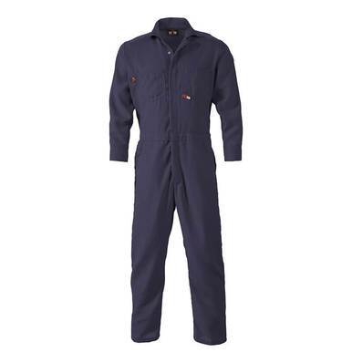 The Saf-Tech Indura 9 oz FR Navy Contractor Coverall CJS1625 is showcased against a plain white background, highlighting its button-up front with pockets on the chest and hips. This coverall features full-length sleeves and legs, making it ideal for practical workwear while offering enhanced safety as flame-resistant clothing.