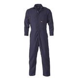 The Saf-Tech Indura 9 oz FR Navy Contractor Coverall CJS1625, from the brand Saf-Tech, is a flame-resistant jumpsuit in navy blue. It features long sleeves, a full-length front zipper, and convenient pockets. The coverall is showcased against a plain white background.