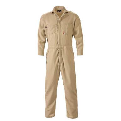 A Saf-Tech Indura 9 oz FR Khaki Contractor Coverall CJS1675, featuring long sleeves and front pockets, displayed on a plain white background.