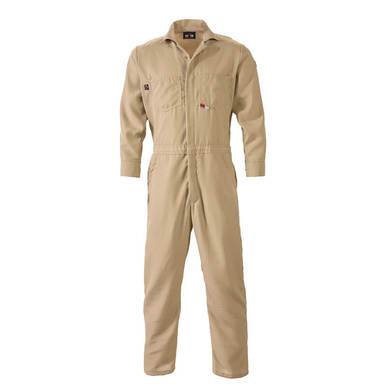 The Saf-Tech Indura 9 oz FR Khaki Contractor Coverall CJS1675 from Saf-Tech is designed with long sleeves and a front zipper for durability and practicality. It features multiple pockets and provides flame-resistant protection, making it an essential piece of clothing for safety in hazardous environments.