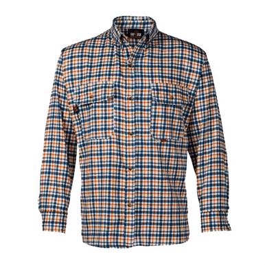 The Saf-Tech FR 7.5oz Blue/Grey/Orange Plaid Dress Shirt DS3835161 is crafted from fire-resistant cotton and features a blue, orange, and white plaid pattern. It is designed with a collar and two front chest pockets with buttoned flaps, ensuring NFPA 2112 compliance for your safety.