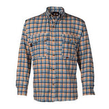 The Saf-Tech FR Dress Shirt DS3835161 is a long-sleeved, button-up shirt made from fire-resistant cotton, featuring a stylish blue, grey, and orange plaid pattern. It includes two chest pockets with button closures and a classic collar for both style and functionality.