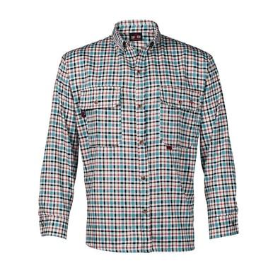 The Saf-Tech FR 7.5oz Plaid Teal/Black Dress Shirt DS3835167 is a flame-resistant, long-sleeved button-up featuring a stylish plaid pattern in shades of teal and black. It includes two chest pockets with buttoned flaps and is compliant with NFPA 2112 standards.