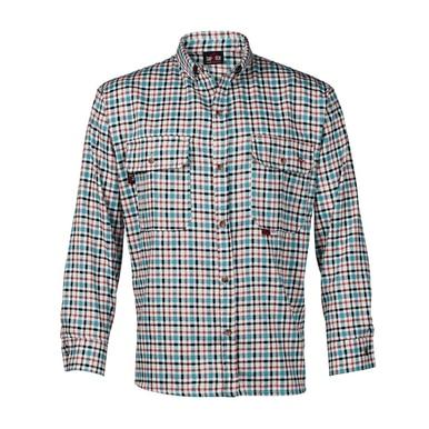 The Saf-Tech FR 7.5oz Plaid Teal/Black Dress Shirt DS3835167 by Saf-Tech is a long-sleeve shirt featuring a button-down front with teal and black checks. It includes two chest pockets with buttoned flaps and complies with NFPA 2112 standards, elegantly folded with the collars upright.