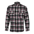 The Saf-Tech FR 7.5oz Plaid Black/Grey/Red Dress Shirt DS385138 is a long-sleeve button-up crafted from flame-resistant cotton. Featuring a collar and two chest pockets with button flaps, this stylish shirt ensures safety with its NFPA compliance.