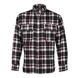 The Saf-Tech FR 7.5oz Plaid Black/Grey/Red Dress Shirt DS385138 is a long-sleeve button-up crafted from flame-resistant cotton. Featuring a collar and two chest pockets with button flaps, this stylish shirt ensures safety with its NFPA compliance.