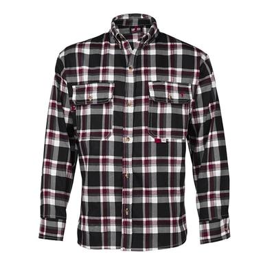 Introducing the Saf-Tech FR 7.5oz Plaid Black/Grey/Red Dress Shirt DS385138, a stylish and safe option from the renowned brand Saf-Tech. This long-sleeve, button-up shirt showcases a sophisticated black, white, and dark red checkered pattern. Designed with practical features including two chest pockets with button flaps, it is expertly crafted from flame-resistant cotton to ensure both style and safety.