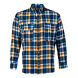 A navy, blue, and orange plaid button-up shirt featuring two front pockets is crafted from flame-resistant fabric. The Saf-Tech FR 7.5oz Dress Shirt DS385139 is NFPA compliant and displayed against a plain white background.