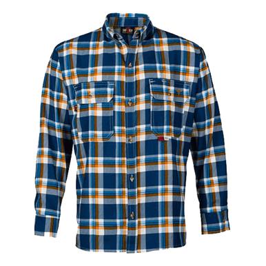 A navy, blue, and orange plaid button-up shirt featuring two front pockets is crafted from flame-resistant fabric. The Saf-Tech FR 7.5oz Dress Shirt DS385139 is NFPA compliant and displayed against a plain white background.