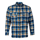 The Saf-Tech FR 7.5oz Navy/Blue/Orange Plaid Dress Shirt DS385139, by Saf-Tech, is NFPA-compliant and features a long-sleeved button-up design with a blue, white, and orange plaid pattern. Made from flame-resistant fabric and equipped with two buttoned chest pockets, this FR dress shirt provides both safety and style.