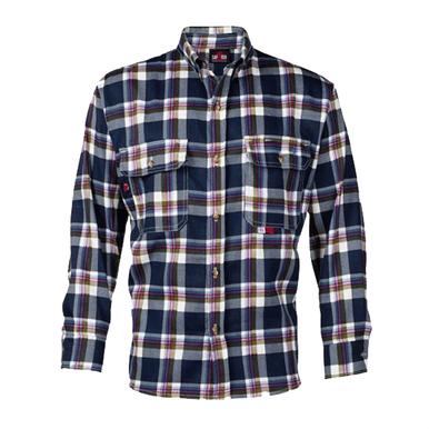 The Saf-Tech FR 7.5oz Navy/Green/Blue/Red Plaid Dress Shirt DS3851526 is a flame-resistant, long-sleeved, button-up shirt featuring a navy, green, blue, and red plaid pattern. It includes two front chest pockets with button closures and is NFPA 2112 compliant for enhanced safety.