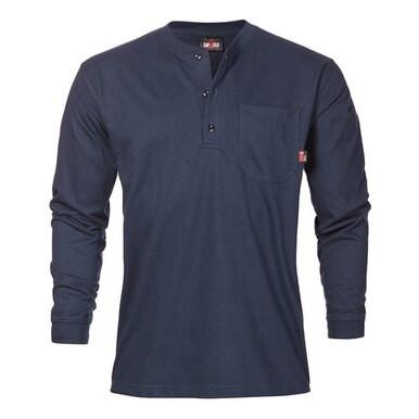 The Saf-Tech 6oz FR Cotton Henley HENL27, a long-sleeved navy blue shirt with a buttoned placket and chest pocket, is showcased on a plain white background. Its flame-resistant fabric ensures safety while maintaining style.