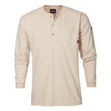 The Saf-Tech 6oz FR Cotton Henley HENL27, a flame-resistant beige henley shirt featuring long sleeves, three buttons, and a chest pocket, is displayed with a small red tag on the left sleeve.