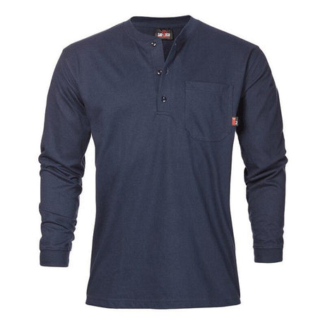 The Saf-Tech 6oz FR Cotton Henley HENL27 long-sleeve shirt, in navy blue, offers a combination of style and safety with its flame-resistant, moisture-wicking fabric. Designed by Saf-Tech for practicality, it features three buttons at the collar and a convenient chest pocket, all set against a plain white background.