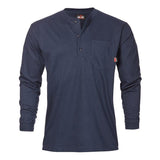 The Saf-Tech 6oz FR Cotton Henley HENL27 in navy blue boasts three buttons and a chest pocket, merging durability with style. Set against a white background, its flame-resistant fabric provides an additional layer of protection while maintaining comfort and functionality.