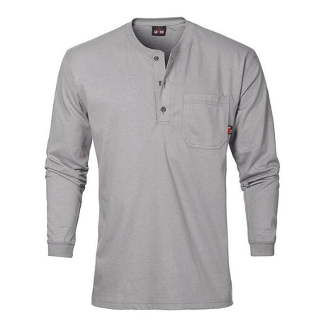 The Saf-Tech 6oz FR Cotton Henley HENL27, a gray long-sleeve shirt from Saf-Tech, features a buttoned placket, chest pocket, and red logo tag. It boasts moisture-wicking properties and flame resistance, offering an ideal combination of style and functionality against a plain white background.