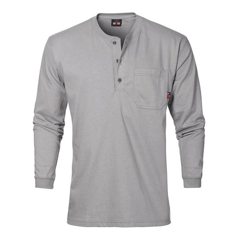 The Saf-Tech 6oz FR Cotton Henley HENL27, a flame-resistant gray long-sleeve shirt by Saf-Tech, boasts a buttoned placket and a chest pocket, beautifully showcased on a white background.