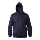 The Saf-Tech FR 11 oz UltraSoft Pullover Hoodie Navy HSW3825 features a front pocket and adjustable drawstrings, combining both style and safety. Displayed against a plain white background, this flame-resistant hoodie showcases its navy blue color perfectly.