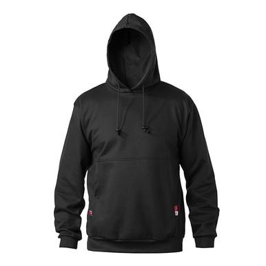 Introducing the Saf-Tech FR 11oz UltraSoft Pullover Hoodie Black HSW3870. This black hoodie features a front pocket and drawstrings, while its hood is displayed upright, highlighting the small red and white tags near the pocket. Crafted from premium Westex Ultrasoft fabric, this pristine hoodie is NFPA 70E compliant and flame resistant. It is presented against a plain background for a sleek appearance.