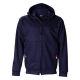 Introducing the Saf-Tech FR 11oz UltraSoft Zippered Front Hoodie in Navy (HSWZ3825), featuring a drawstring hood and two front pockets. This hoodie is engineered with flame-resistant fabric, making it both warm and comfortable—ideal for casual wear.