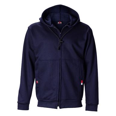 The Saf-Tech FR 11oz UltraSoft Zippered Front Hoodie in Navy (HSWZ3825) is a hooded sweatshirt that includes long sleeves, a front zipper, and two pockets. It features a discreet red logo on the lower left side, offering a simple and casual design perfect for daily wear while ensuring flame-resistant protection.