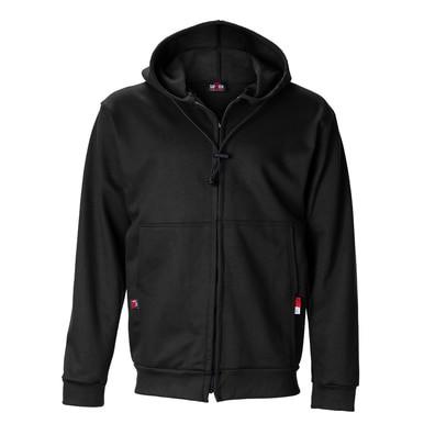 The Saf-Tech FR 11oz UltraSoft Zippered Front Hoodie in Black (Model HSWZ3870) is crafted from flame-resistant fabric and features a drawstring hood along with two front pockets. Displayed against a plain white background, the hoodie offers enhanced electric arc flash protection, ensuring peace of mind and safety.