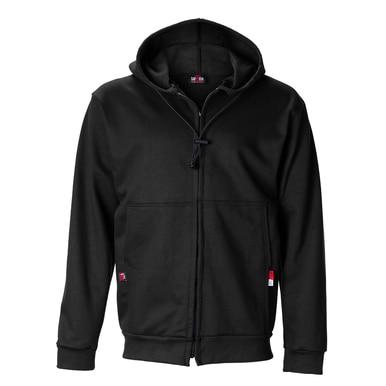 The Saf-Tech FR 11oz UltraSoft Zippered Front Hoodie Black HSWZ3870 is a flame-resistant black hooded sweatshirt, showcased on a plain white background. This minimalist hoodie includes a front zipper, drawstrings, and two front pockets. It complies with NFPA 2112 standards and does not feature any visible logos or patterns.